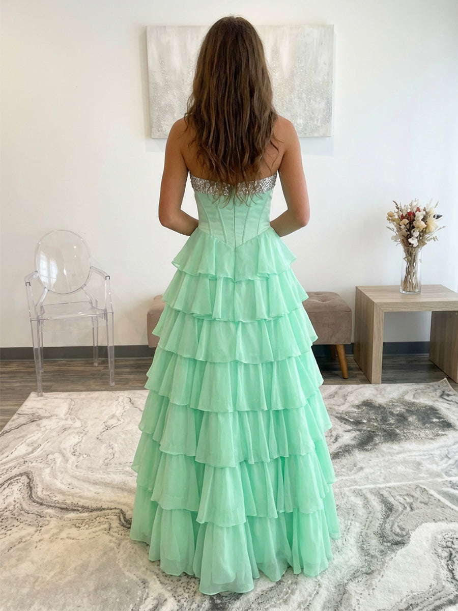 A Line Strapless Chiffon Layered Prom Dresses Corset