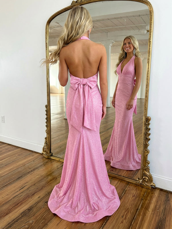 Halter Backless Shimmering Prom Dresses with Bow