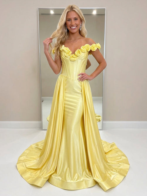 Off Shoulder Satin Prom Dresses with 3D Flower