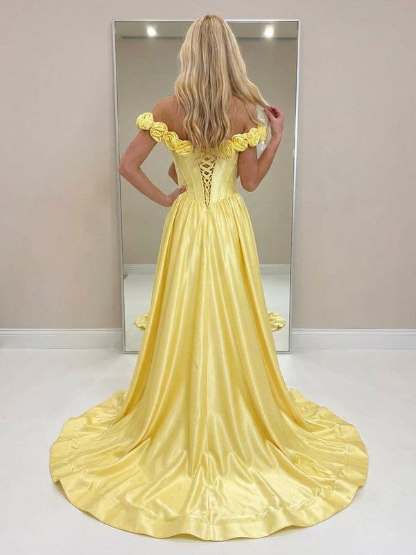 Off Shoulder Satin Prom Dresses with 3D Flower
