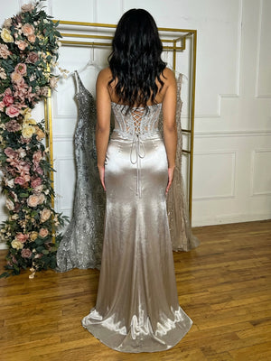 Satin Strapless Sweetheart Pleated Prom Dresses with Slit