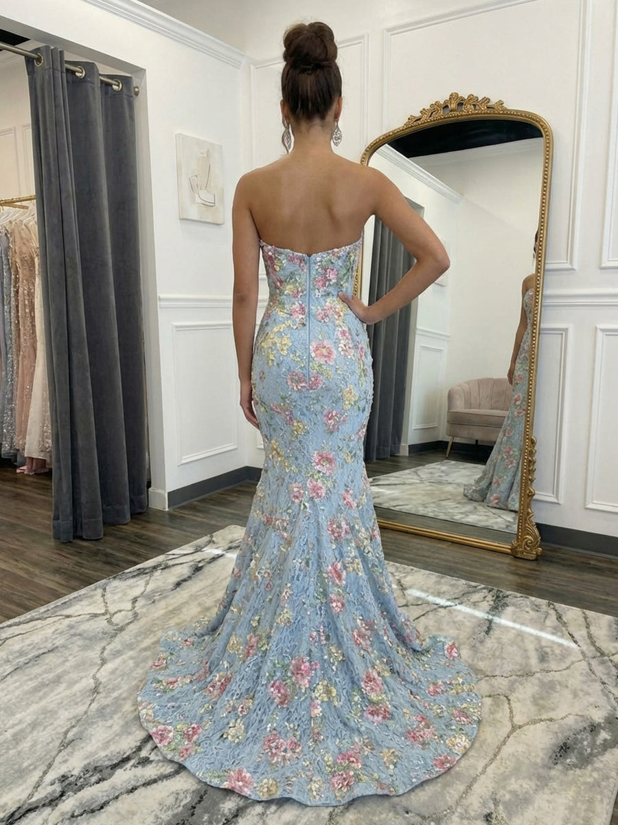 Strapless Lace Prom Dresses with Floral Embroidery