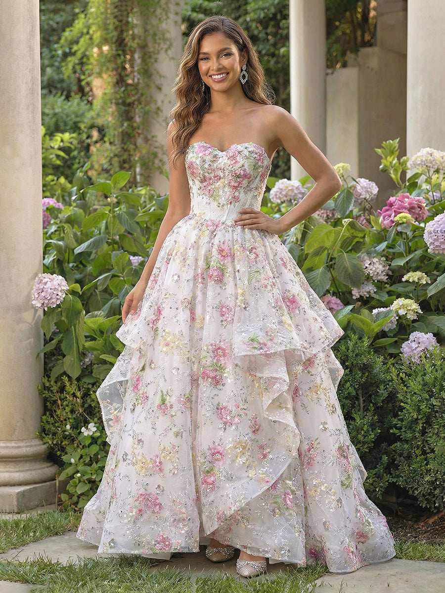 Strapless A Line Prom Dresses with Floral Embroidery