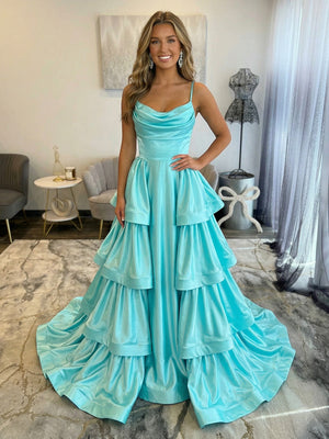 Spaghetti Straps Satin Prom Dresses Layered Evening Gowns