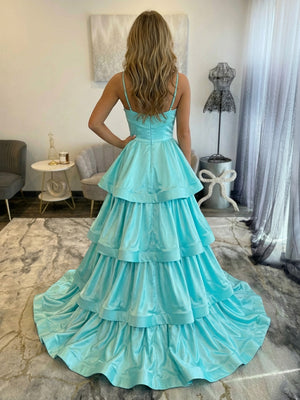 Spaghetti Straps Satin Prom Dresses Layered Evening Gowns