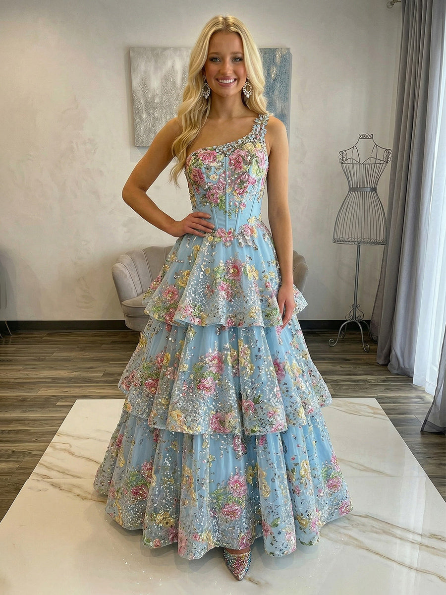 One Shoulder Layered Prom Dresses with Floral Embroidery