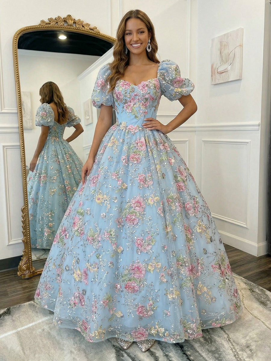 Short Sleeves A Line Prom Dresses with Floral Embroidery