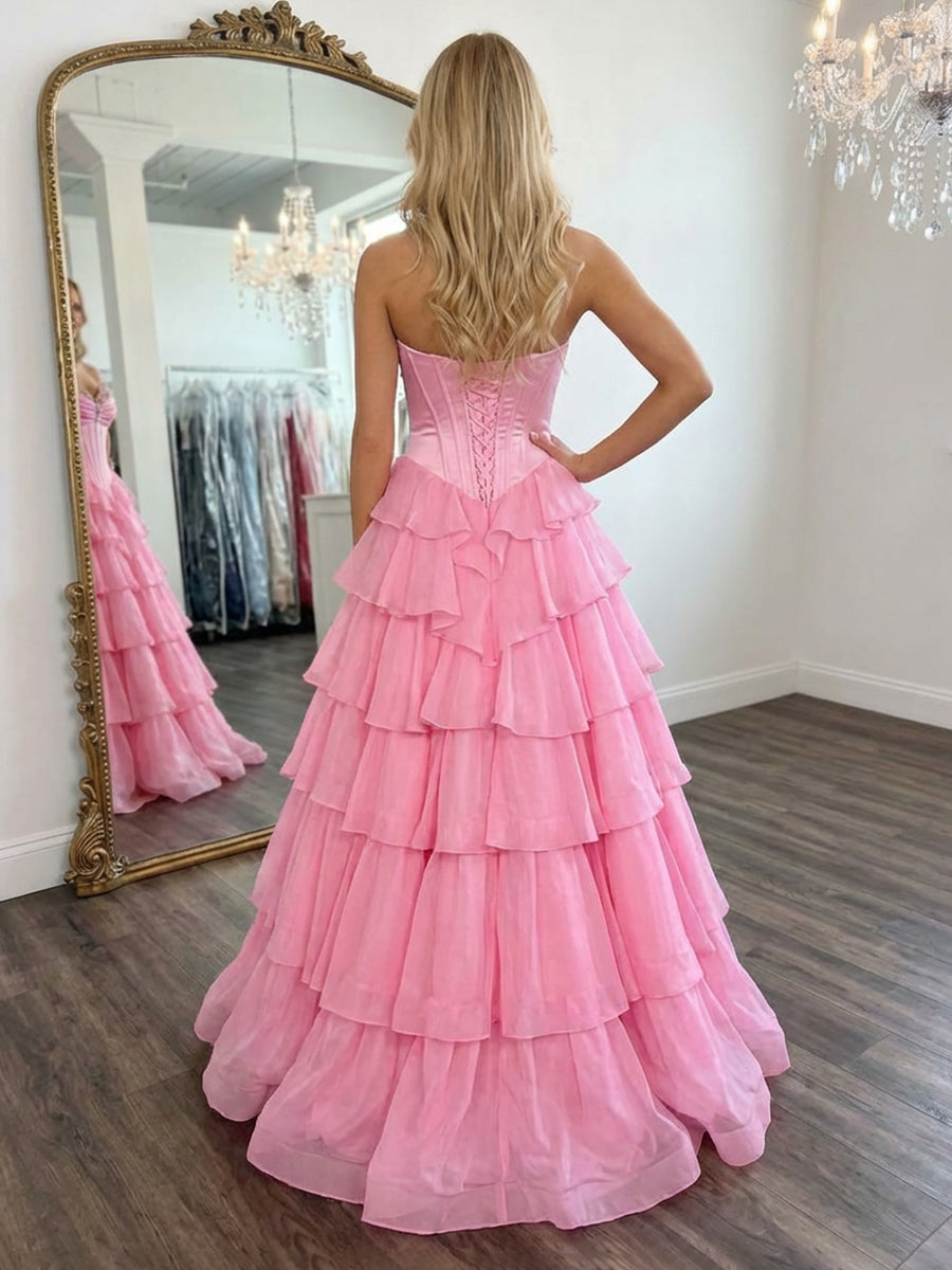 Strapless Layered Chiffon Prom Dresses Maxi Evening Gowns