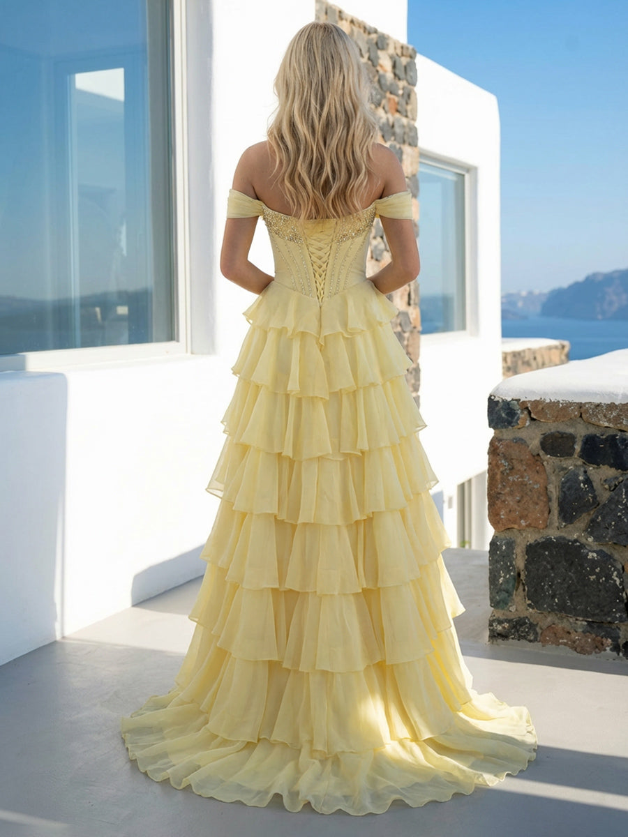 Off Shoulder Layered Chiffon Prom Dresses Maxi Evening Gowns