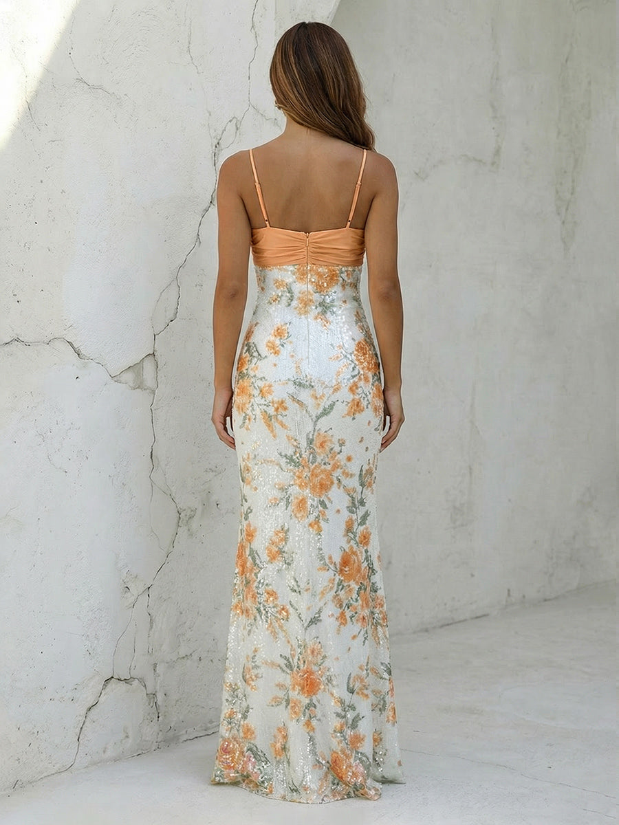 Spaghetti Straps Floral Prom Dresses Maxi Evening Gowns