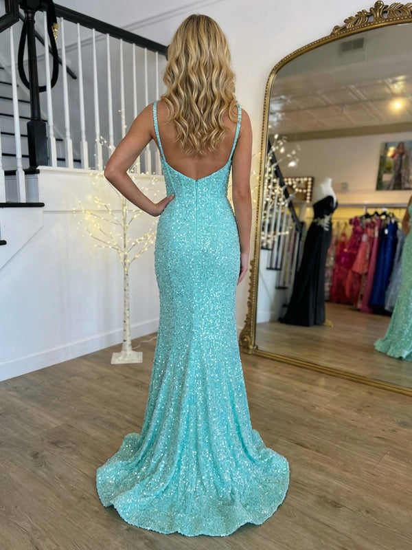 Spaghetti Straps Sequin Prom Dresses Maxi Evening Gowns