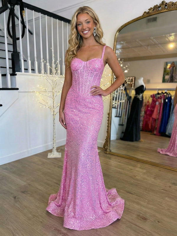 Spaghetti Straps Sequin Prom Dresses Maxi Evening Gowns
