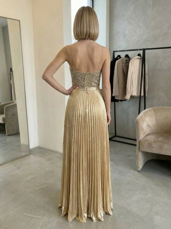 Satin Spaghetti Straps V Neck Pleated Formal Dresses Maxi Gowns for Evening Party