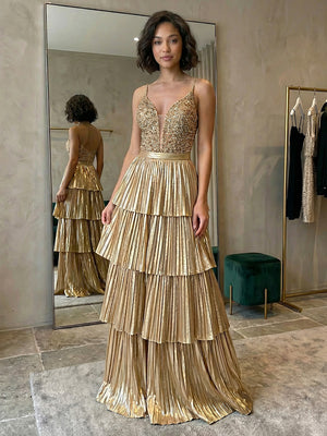 Satin Spaghetti Straps V Neck Pleated Layered Evening Dresses