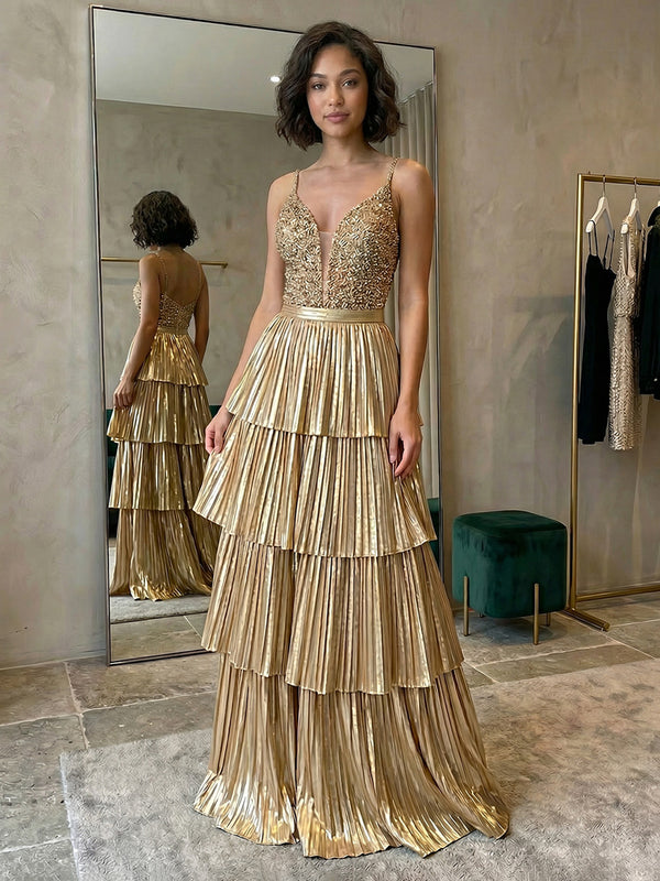 Satin Spaghetti Straps V Neck Pleated Layered Evening Dresses