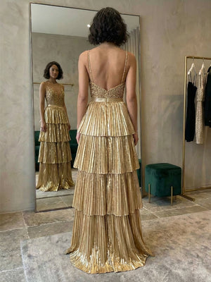 Satin Spaghetti Straps V Neck Pleated Layered Evening Dresses