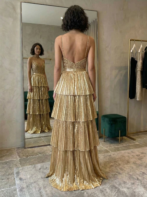 Satin Spaghetti Straps V Neck Pleated Layered Evening Dresses