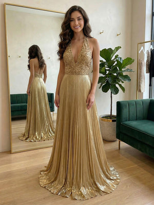 Satin Halter Pleated A Line Evening Dresses for Women Maxi Formal Gowns