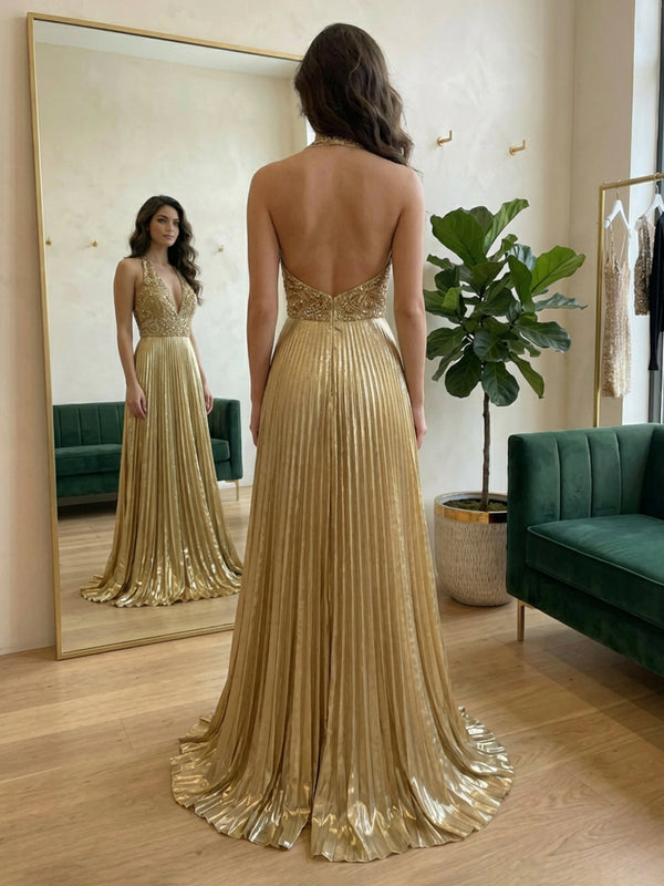 Satin Halter Pleated A Line Evening Dresses for Women Maxi Formal Gowns