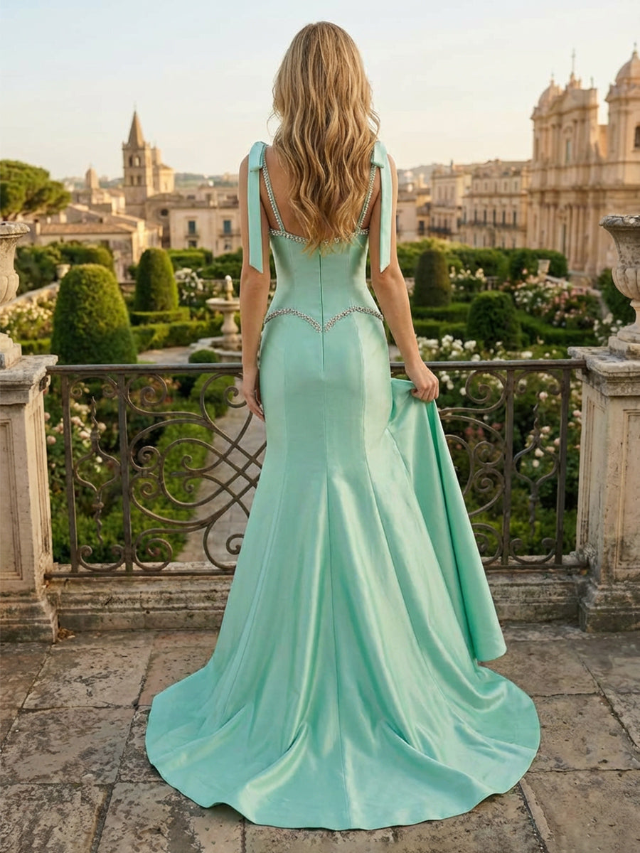 Satin Spaghetti Straps Sweetheart Pleated Prom Dresses