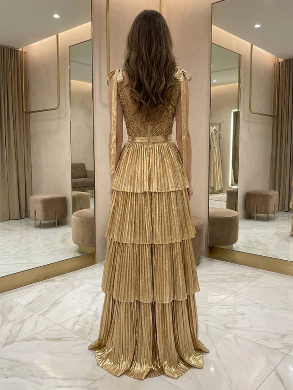 Satin Spaghetti Straps V Neck Pleated Layered Evening Dresses with Bow