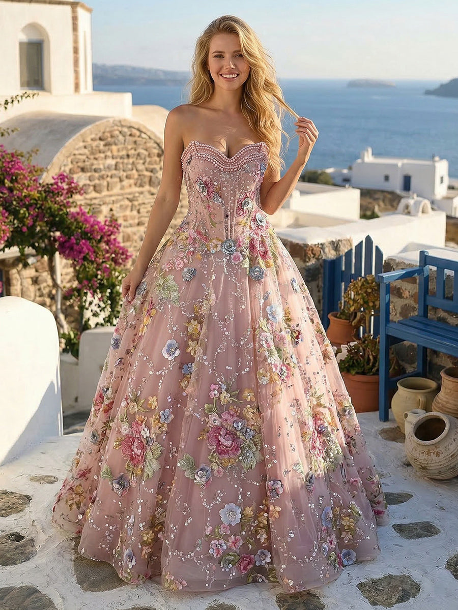 Floral Tulle Strapless Sweetheart Corset Evening Dresses