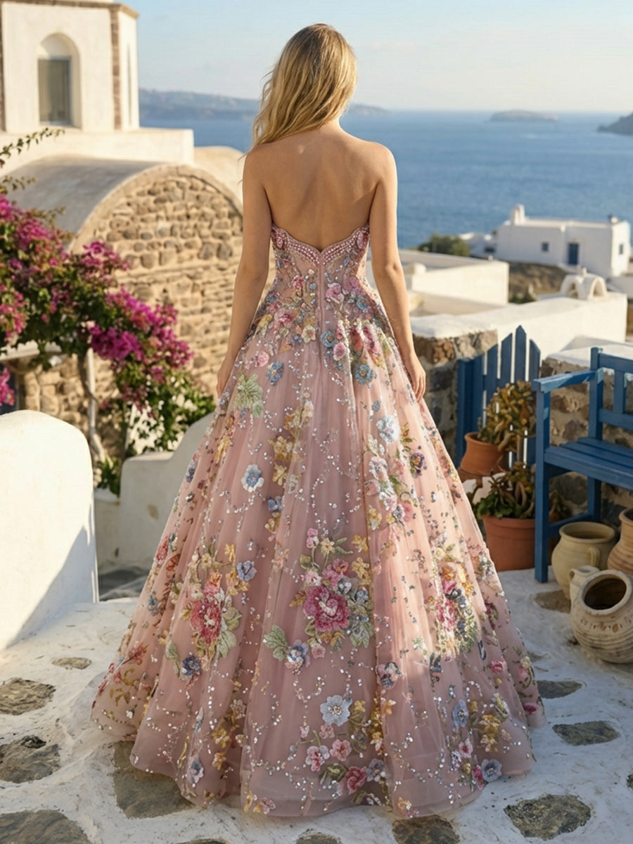 Floral Tulle Strapless Sweetheart Corset Evening Dresses