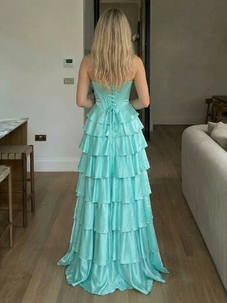 Satin Sweetheart Strapless Corset Layered Ruffles Prom Dresses