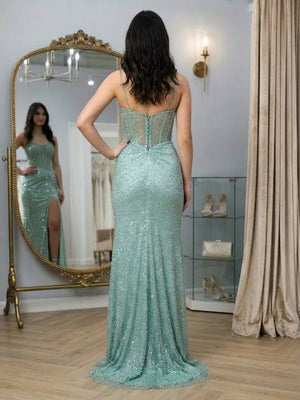 Sequin Spaghetti Straps Cut Out Corset Mermaid Prom Dresses