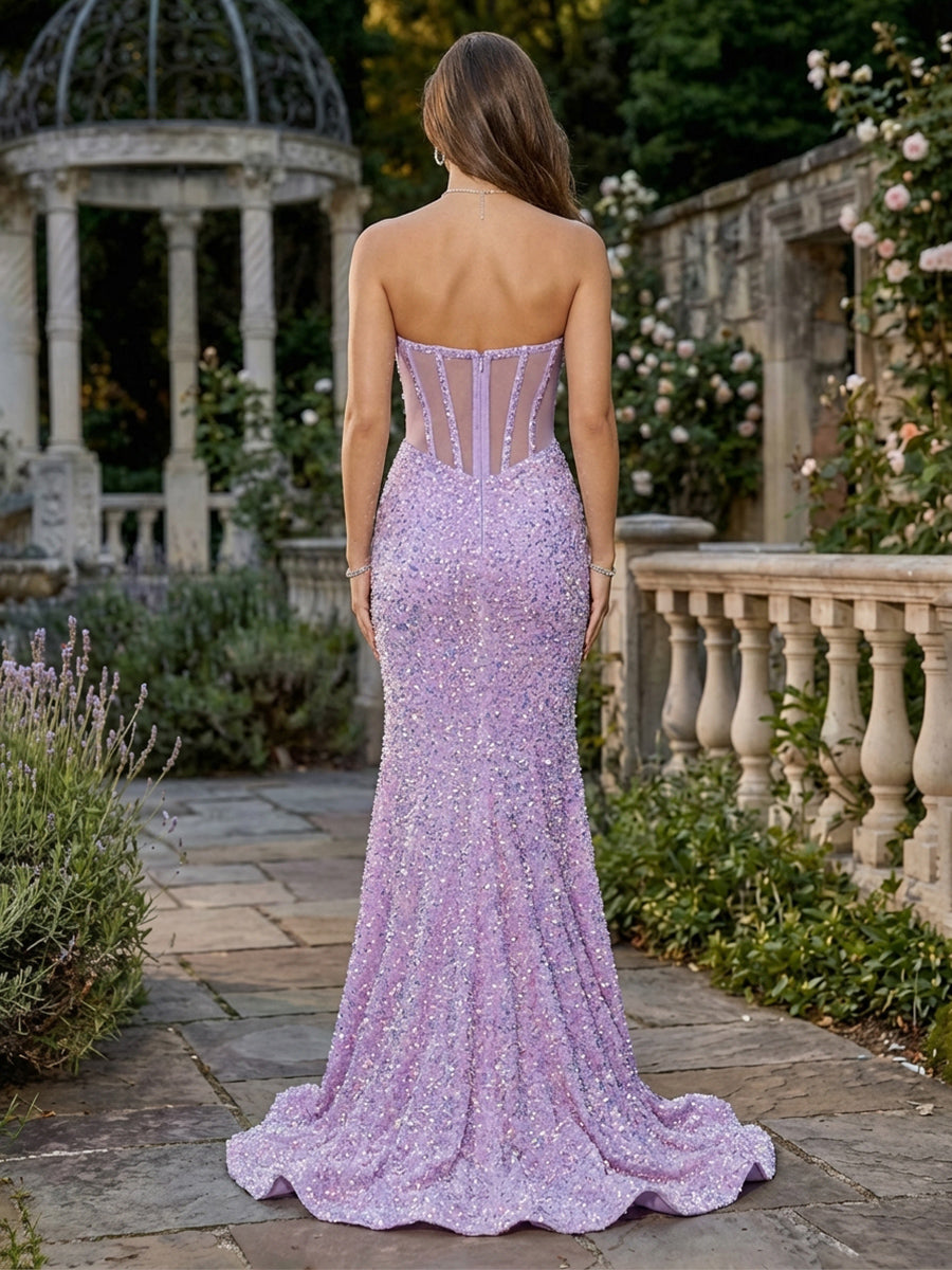 Lace Appliques Sequin Strapless Corset Mermaid Prom Dresses with Slit