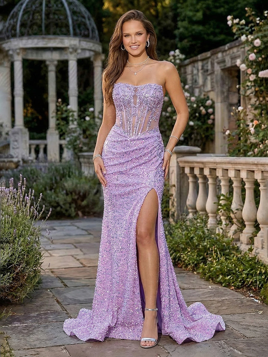 Lace Appliques Sequin Strapless Corset Mermaid Prom Dresses with Slit