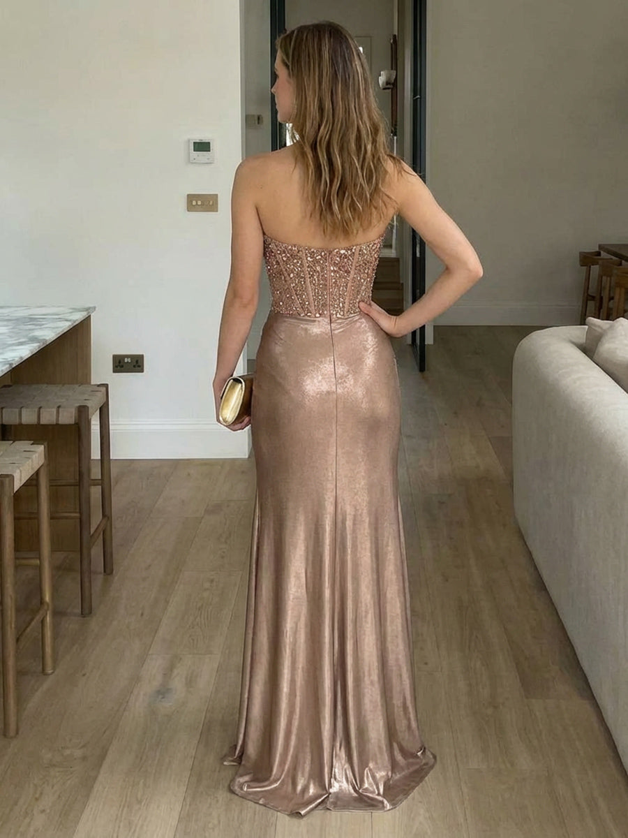 Satin Sequin Strapless Corset Mermaid Prom Dresses with Slit