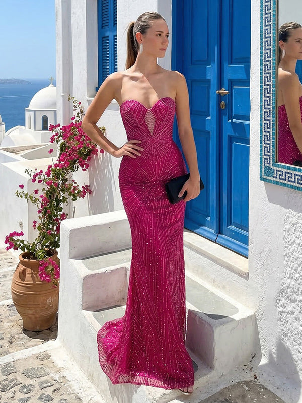Sequin Strapless Corset Mermaid Evening Dresses for Women Keyhole Formal Dress