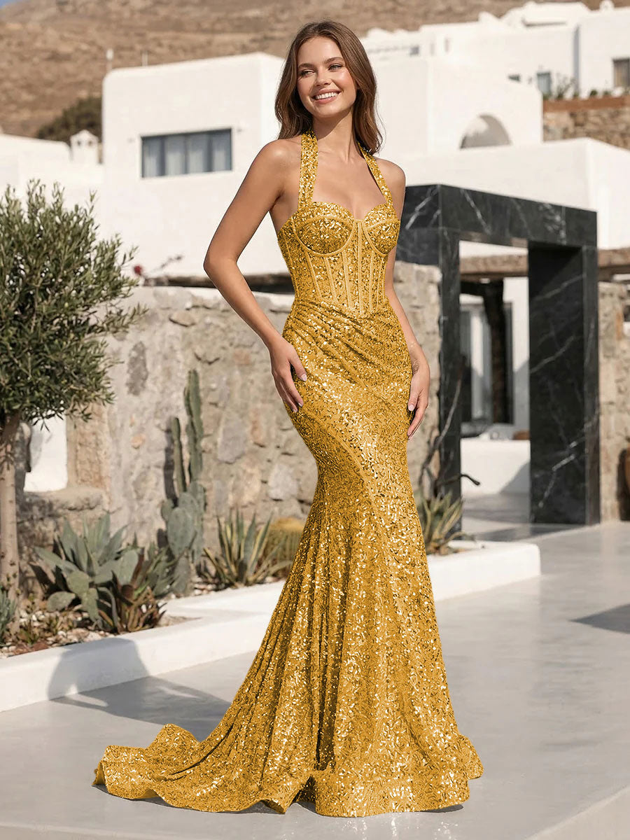 Spaghetti Straps Sequin Sweetheart Corset Mermaid Formal Dresses