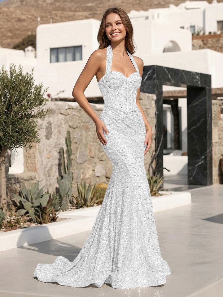 Spaghetti Straps Sequin Sweetheart Corset Mermaid Formal Dresses