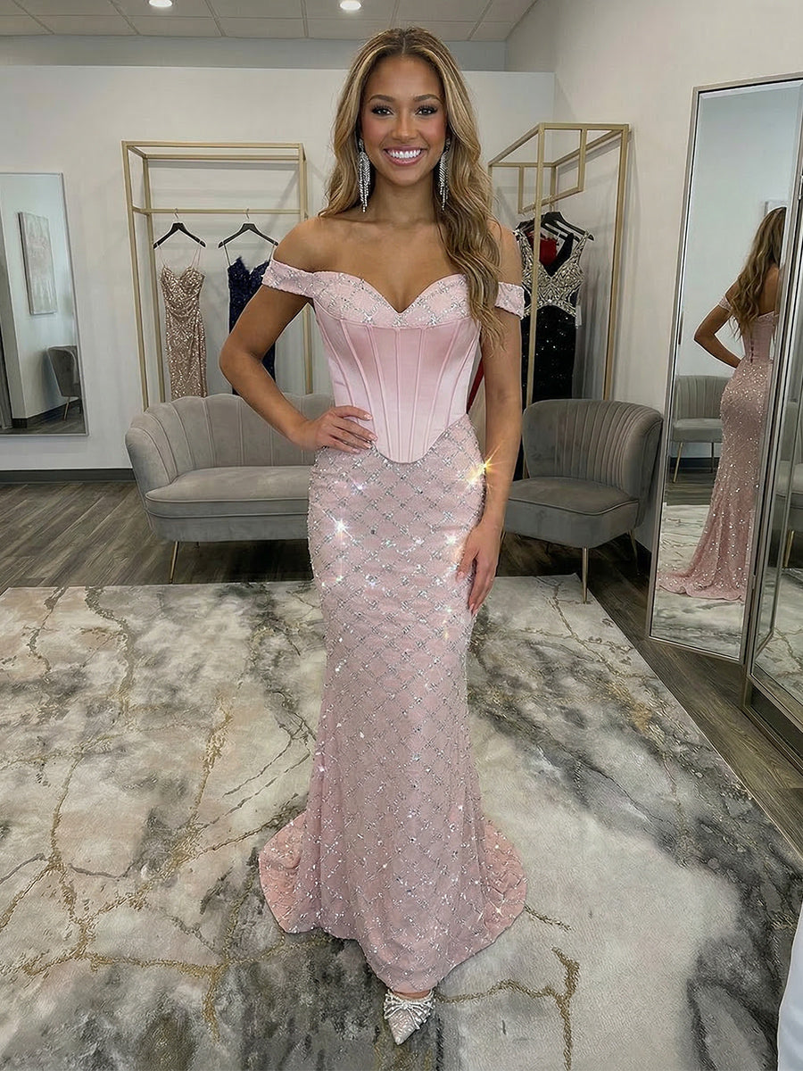 Off the Shoulder Sequin Sweetheart Corset Mermaid Prom Dresses