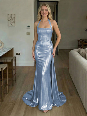 Halter Metallic Satin Backless Evening Dresses