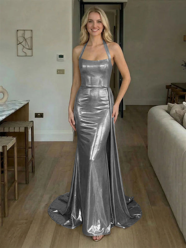 Halter Metallic Satin Backless Evening Dresses