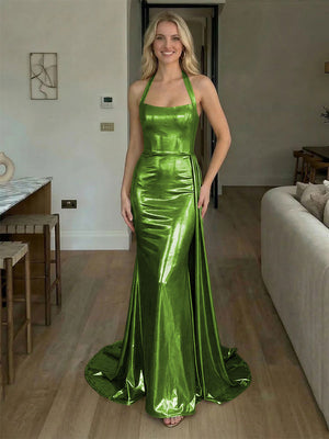 Halter Metallic Satin Backless Evening Dresses