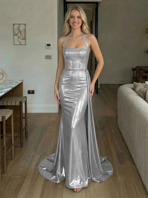 Halter Metallic Satin Backless Evening Dresses