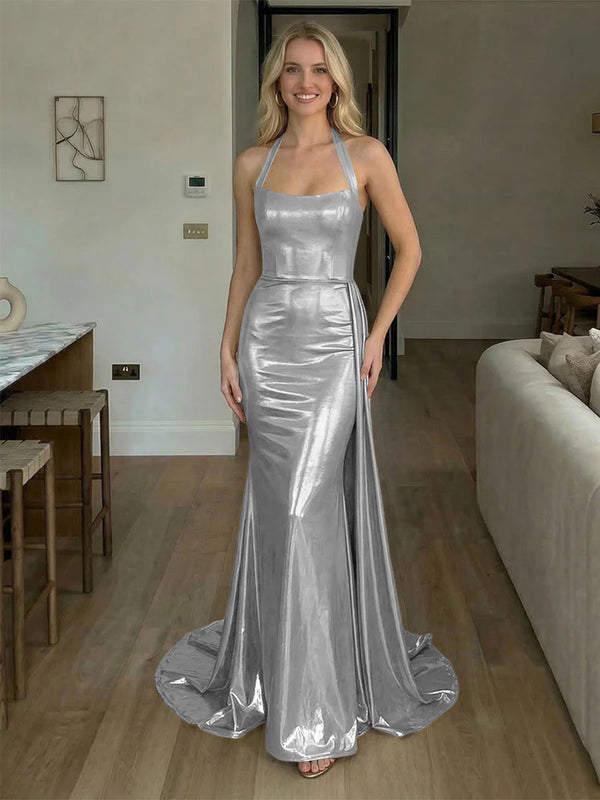 Halter Metallic Satin Backless Evening Dresses