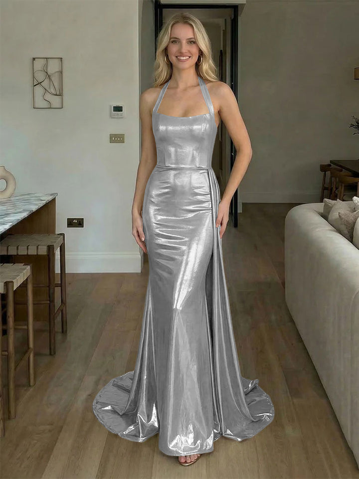 Halter Metallic Satin Backless Evening Dresses