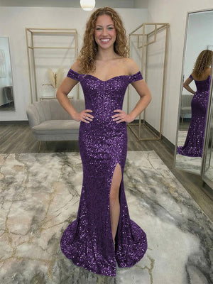 Off Shoulder Sequin Corset Prom Dresses with Slit