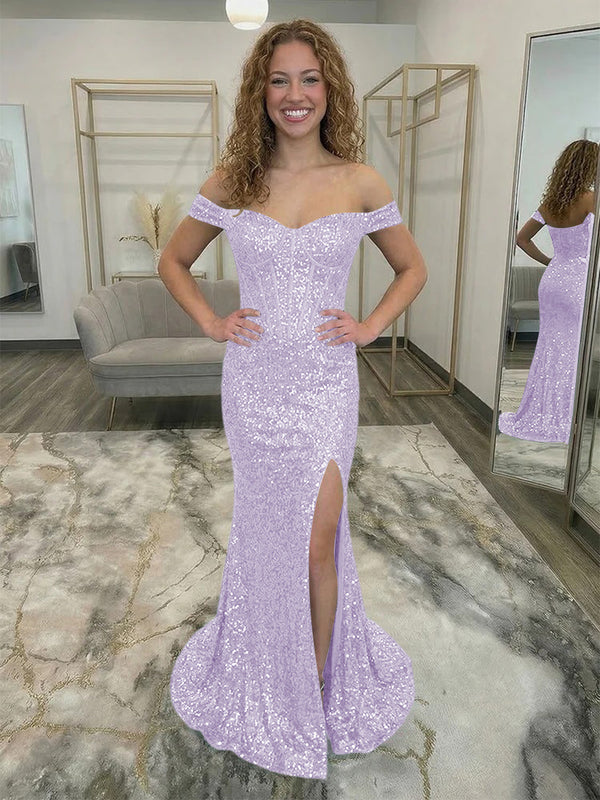 Off Shoulder Sequin Corset Prom Dresses with Slit