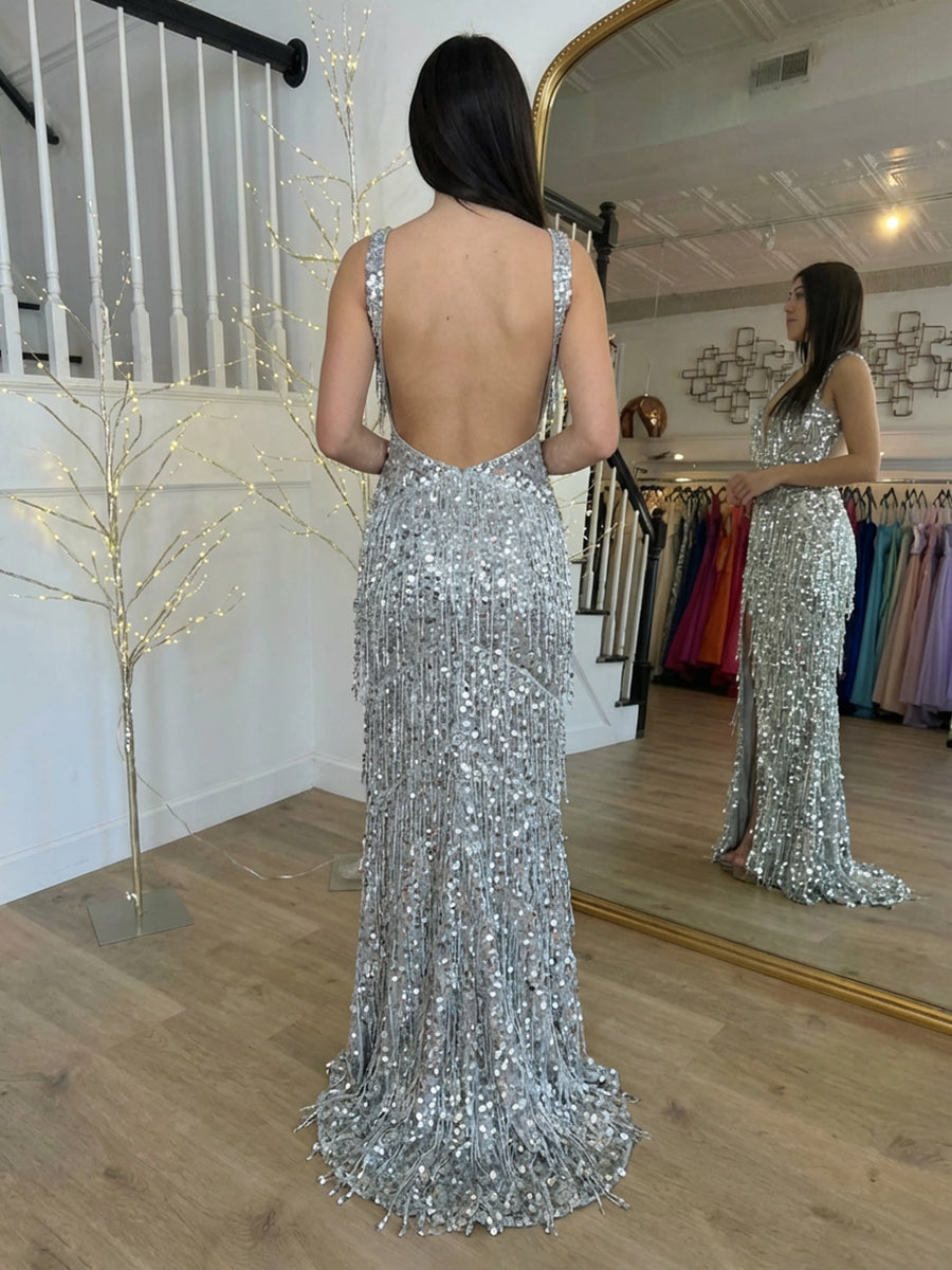 Sequin Backless Evening Dresses Tassel Evening Gown with Slit