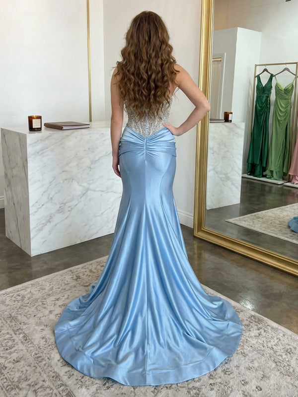 Strapless Lace Appliques Satin Evening Dresses with Pleats