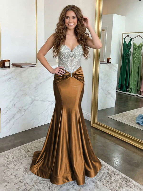 Strapless Lace Appliques Satin Evening Dresses with Pleats