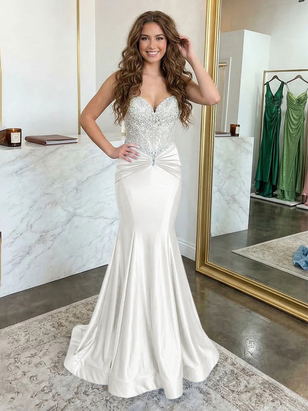 Strapless Lace Appliques Satin Evening Dresses with Pleats