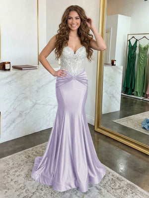 Strapless Lace Appliques Satin Evening Dresses with Pleats