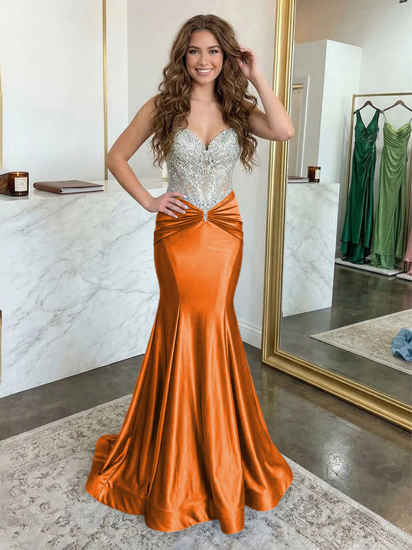 Strapless Lace Appliques Satin Evening Dresses with Pleats
